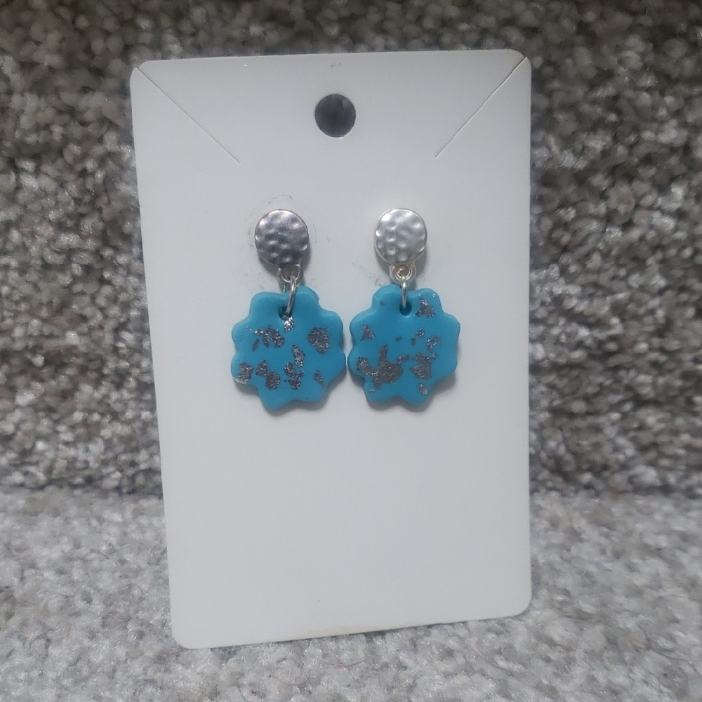 Silver and Blue Floral Drop Earrings Clay